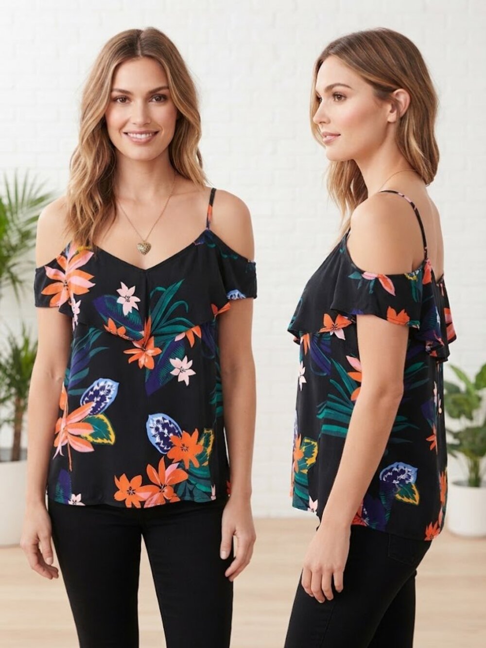 Old Navy Black Cold Shoulder with Floral Print Women's Blouse - Size Medium